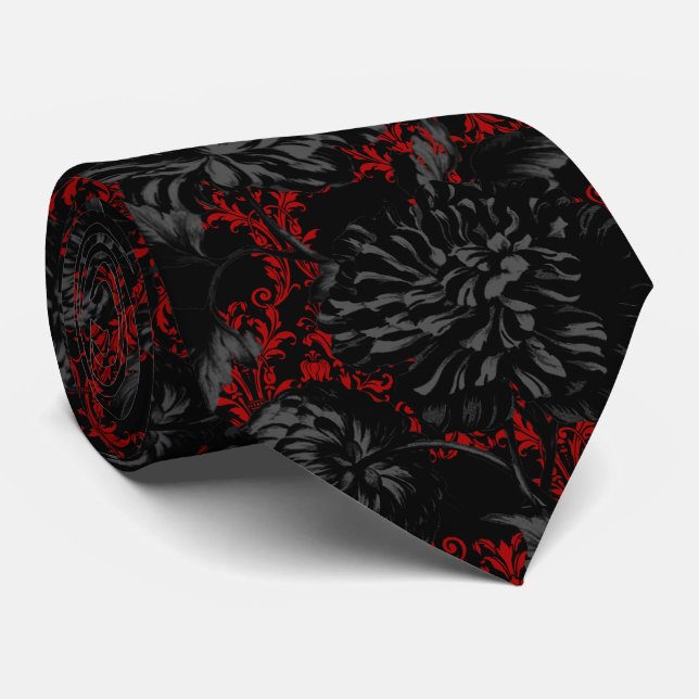 Gothic Red Damask Black Floral 2 Wedding Neck Tie (Rolled)