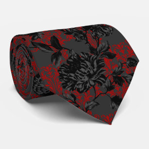 Gothic Red Damask Grey Black Floral Wedding  Tie