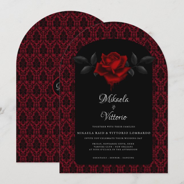 Gothic Red Damask Rose Wedding Invitation (Front/Back)