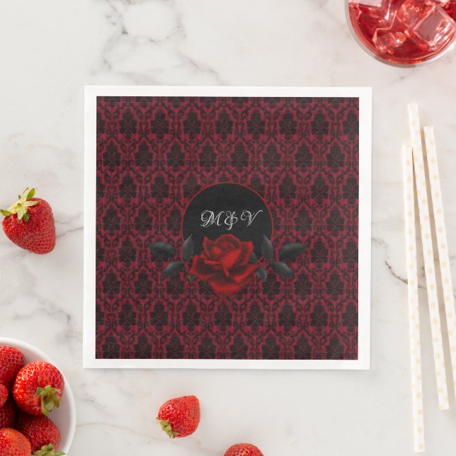 Gothic Red Damask Rose Wedding Napkin (Insitu)