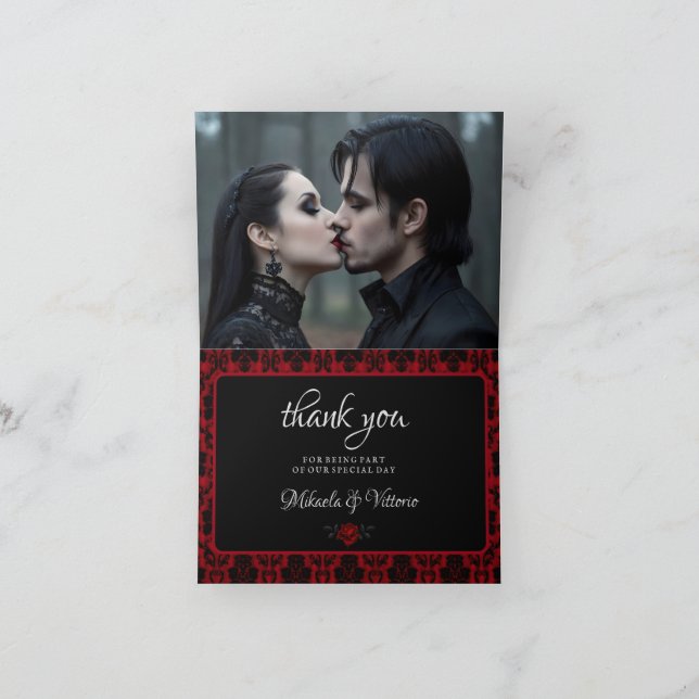 Gothic Red Damask Rose Wedding Thank You Card (Inside)
