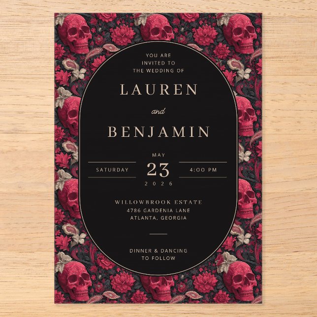 Gothic Red Floral Skull Border Acrylic Invitations (Front)