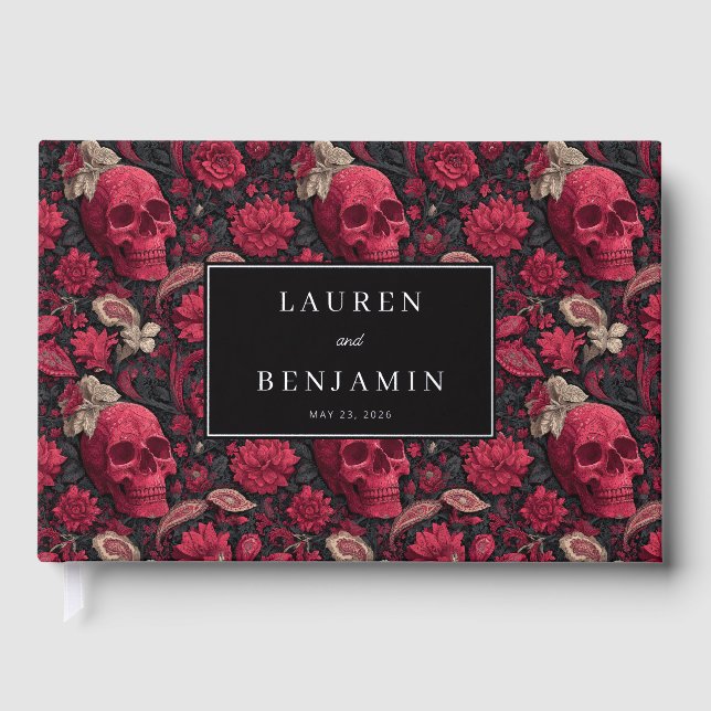 Gothic Red Floral Skulls Guest Book (Front)