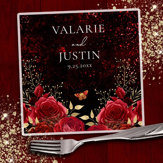 Gothic Red Gold Black Floral Wedding Napkins (Creator Uploaded)