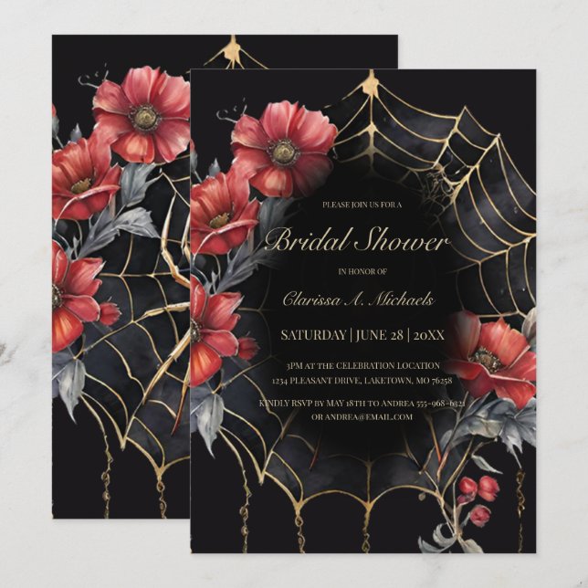 Gothic Red & Gold Floral Spider Web Bridal Shower Invitation (Front/Back)