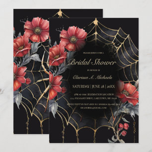 Gothic Red & Gold Floral Spider Web Bridal Shower Invitation
