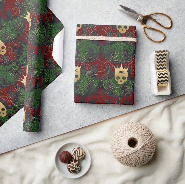 Gothic Red Green and Gold Skull Wrapping Paper (Crafts)