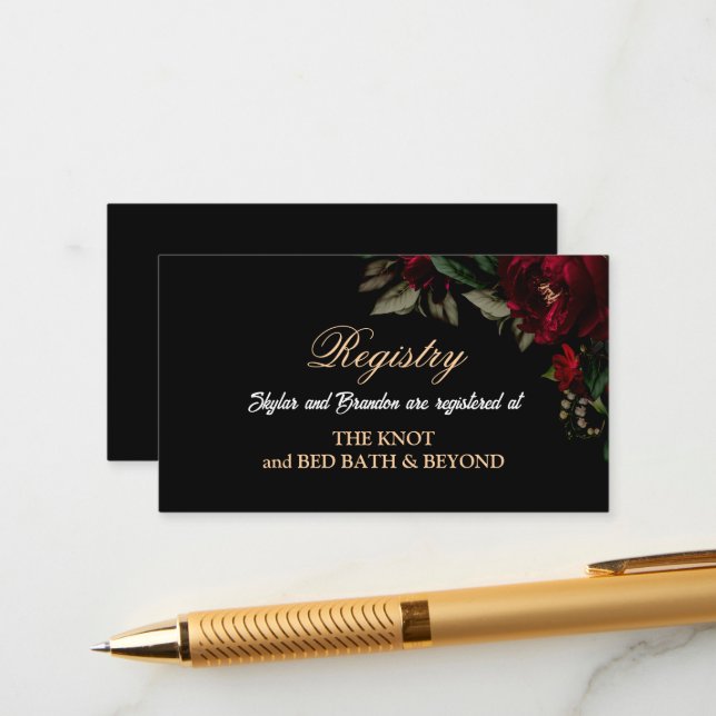 Gothic red green floral moody wedding registry  enclosure card (Front/Back In Situ)