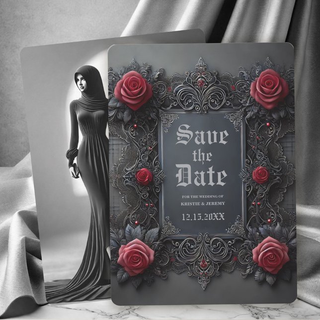 Gothic Red Grey Floral Photo Save the Date (Gothic Red Roses on Dark Gray Wedding Save the Date with back Photo.)