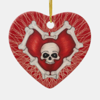 Gothic Red Heart Circled With Bones Skull Spirals Ceramic Tree Decoration