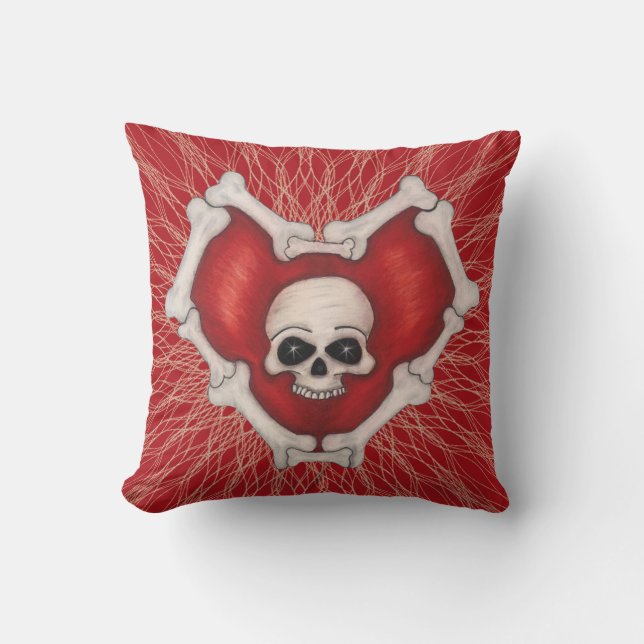 Gothic Red Heart on Spirals White Skull and Bones Cushion (Front)