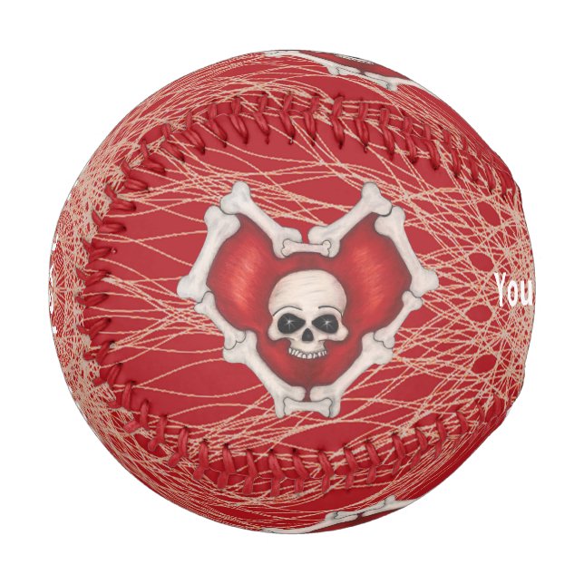 Gothic Red Heart Outlined in Bones Skull Spirals Baseball (Front Left)
