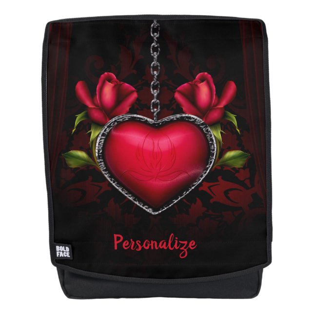 Gothic Red Heart & Roses Personalise Backpack (Front)