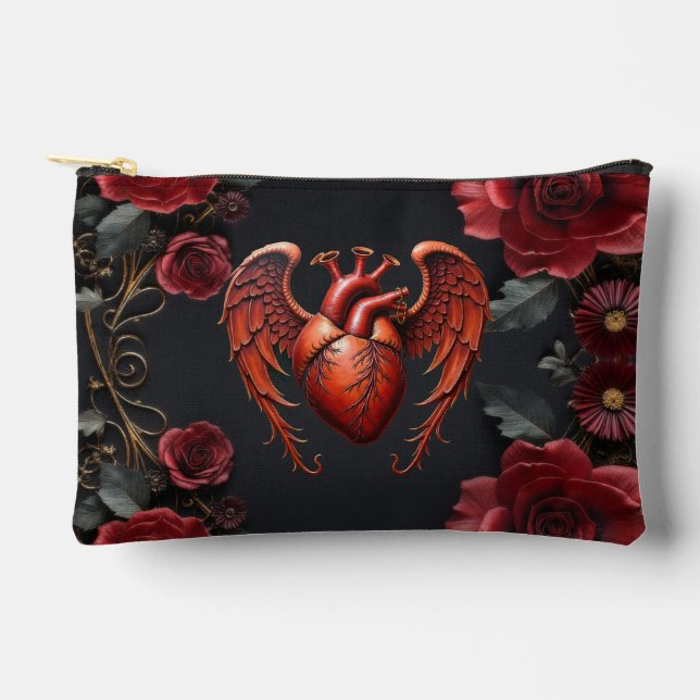 Gothic Red Heart with Roses – Dark Romantic Accessory Pouch (Front)