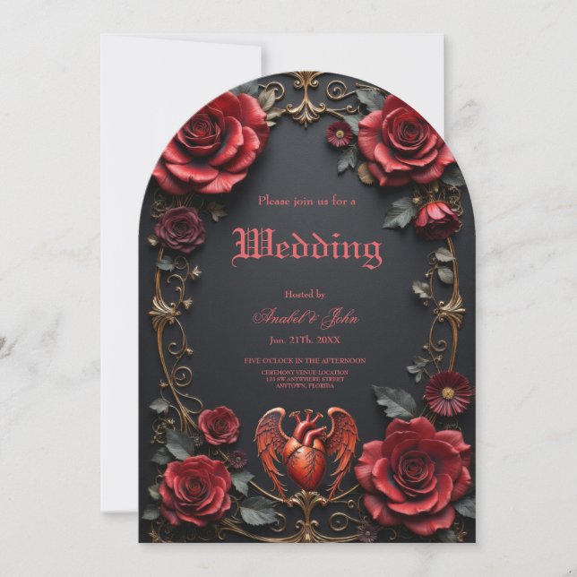 Gothic Red Heart with Roses – Dark Romantic  Invitation (Front)