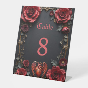 Gothic Red Heart with Roses – Dark Romantic Pedestal Sign