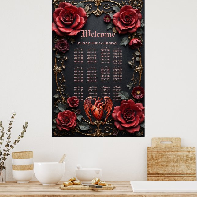Gothic Red Heart with Roses – Dark Romantic Poster (Kitchen)