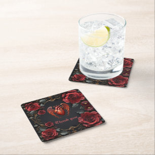 Gothic Red Heart with Roses – Dark Romantic Square Paper Coaster