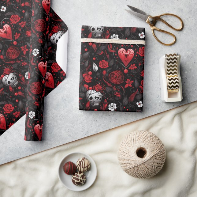 Gothic Red Hearts and Roses  Wrapping Paper (Crafts)
