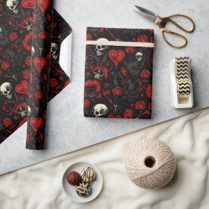 Gothic Red Hearts and Skulls Wrapping Paper