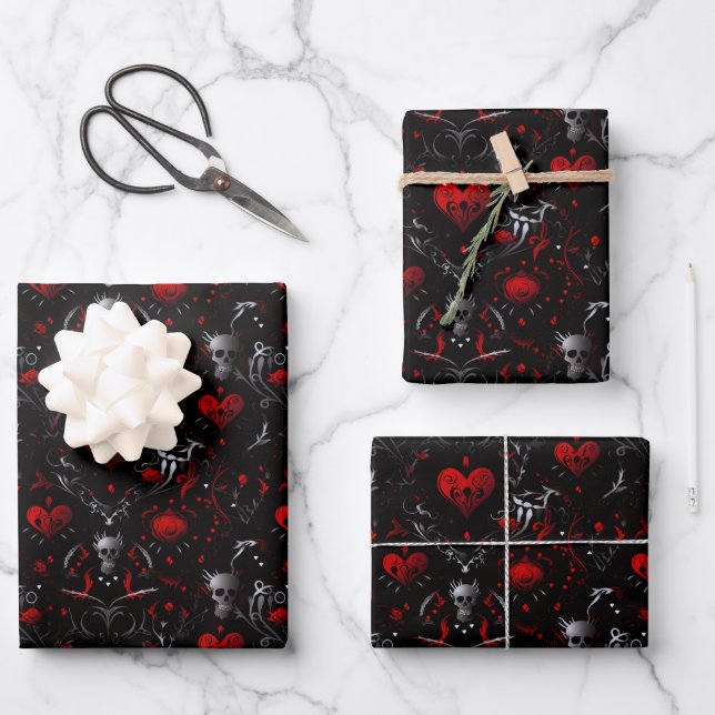 Gothic Red Hearts Black Flowers and Gray Skulls Wrapping Paper Sheet (Front)
