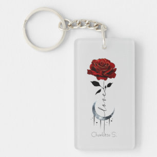 Gothic Red Rose and Crescent Moon with Love Key Ring