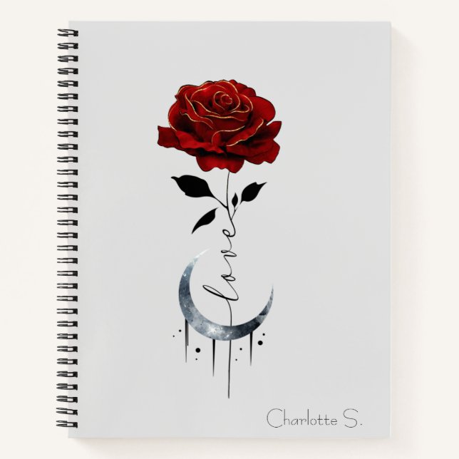 Gothic Red Rose and Crescent Moon with Love Notebook (Front)