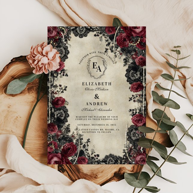 Gothic Red Rose and Lace Romance Invitation (Creator Uploaded)