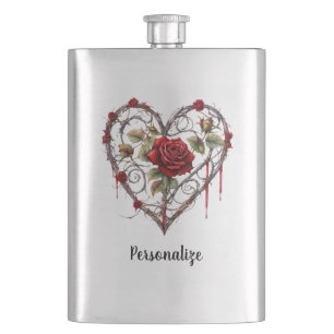 Gothic Red Rose Heart Vine Artwork Personalize Hip Flask