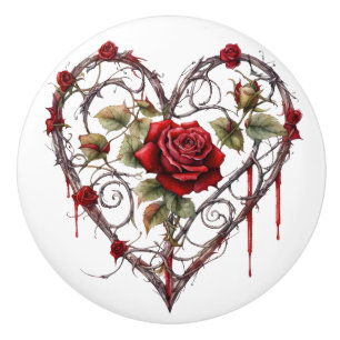 Gothic Red Rose Heart Vine Artwork Vintage Elegant Ceramic Knob
