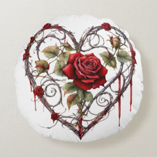 Gothic Red Rose Heart Vine Artwork Vintage Elegant Round Cushion