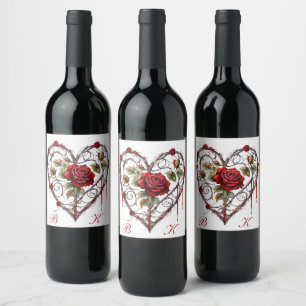 Gothic Red Rose Heart Vine Artwork Vintage Elegant Wine Label