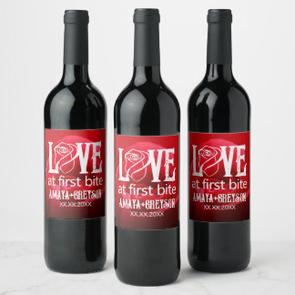 Gothic Red Rose Love at First Bite Wedding Wine Label