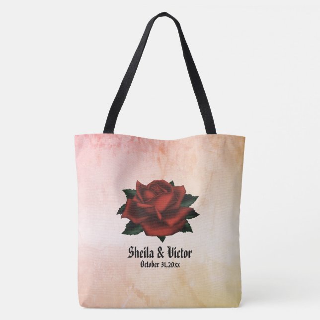 Gothic Red Rose Name and Date Peach Tote Bag (Back)