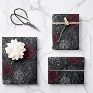 Gothic Red Rose Raven Wings Dark Romance Wrapping Paper Sheet
