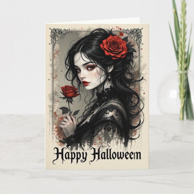 Gothic Red Rose Vampire Woman Halloween Elegant  Card (Front)