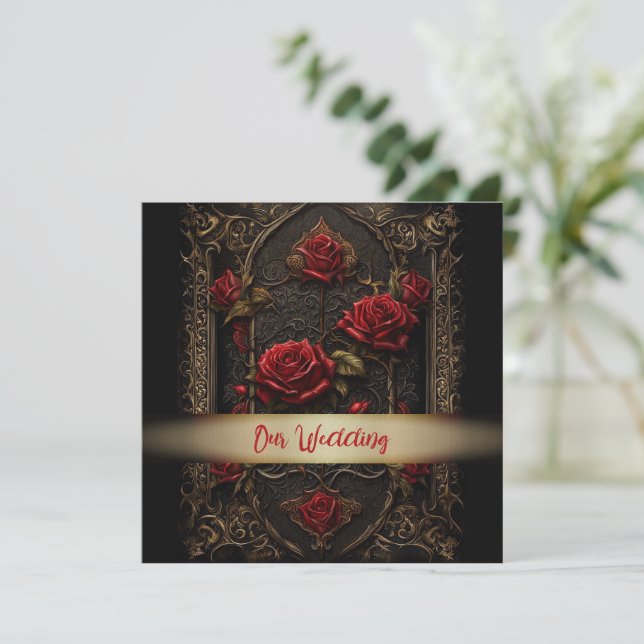 Gothic Red Rose Wedding Invitation (Standing Front)
