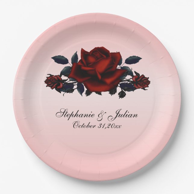 Gothic Red Rose Wedding Paper Plate (Front)