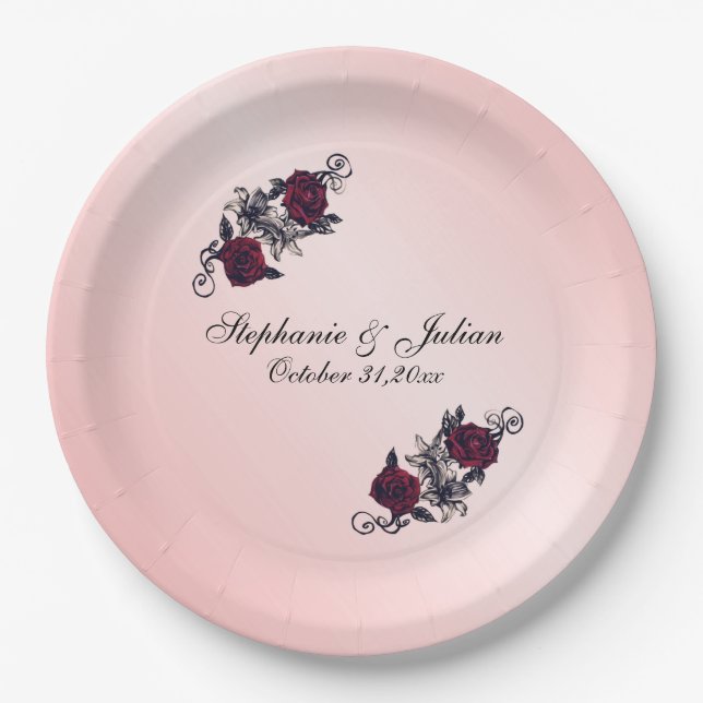 Gothic Red Rose Wedding Paper Plate (Front)