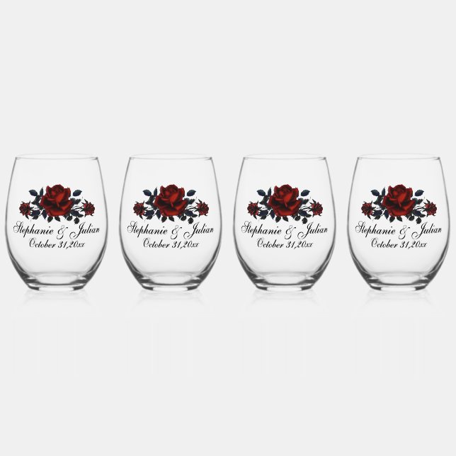Gothic Red Rose Wedding Stemless Wine Glass (Front)
