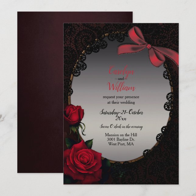 Gothic Red Roses and Black Lace Wedding Invitation (Front/Back)