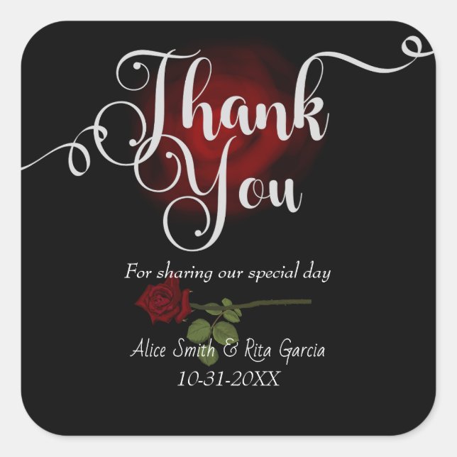 Gothic Red Roses and Black Wedding Thank You  Square Sticker (Front)