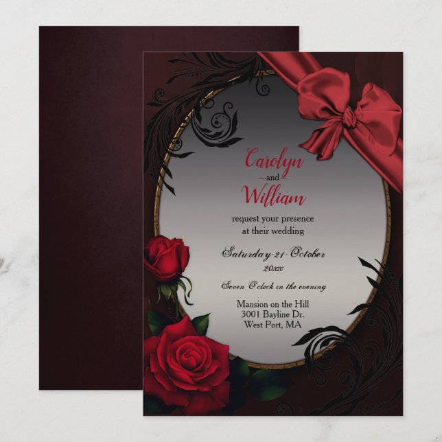 Gothic Red Roses and Bow Wedding  Invitation (Front/Back)