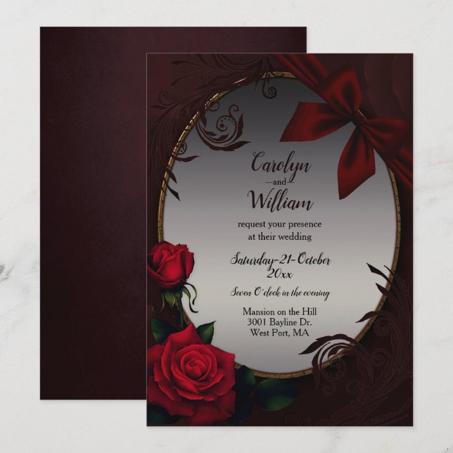 Gothic Red Roses and Bow Wedding  Invitation (Front/Back)