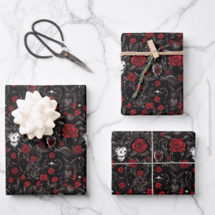 Gothic Red Roses and Skulls Wrapping Paper Sheet