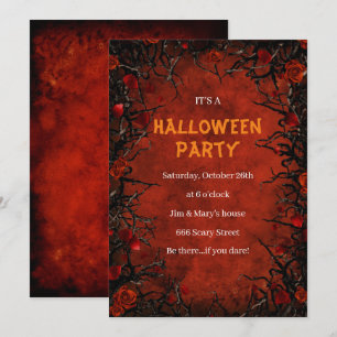 Gothic Red Roses Black Vines Halloween Party Invitation