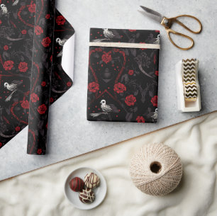 Gothic Red Roses Chain Red Heart and White Crow Wrapping Paper