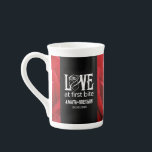 Gothic Red Roses Love at First Bite Wedding Bone China Mug<br><div class="desc">Celebrate your Gothic-themed special day with this striking oversized coffee mug, which features the sappy, pun-filled sentiment, "Love at First Bite" in Goth-inspired lettering (and the outline of a rose, standing in for the letter 'O'). Customise with newlyweds' names and wedding date. Design © W.H. Sim. See more at zazzle.com/expressionsoccasions...</div>