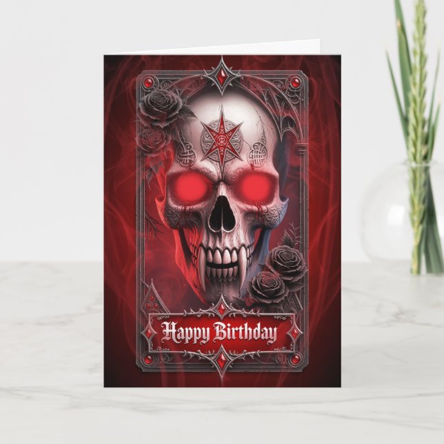 Gothic Red Roses & Occult Vampire Skull Birthday Card (Front)