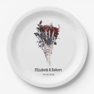 Gothic Red Roses Skeleton Wedding  Paper Plate